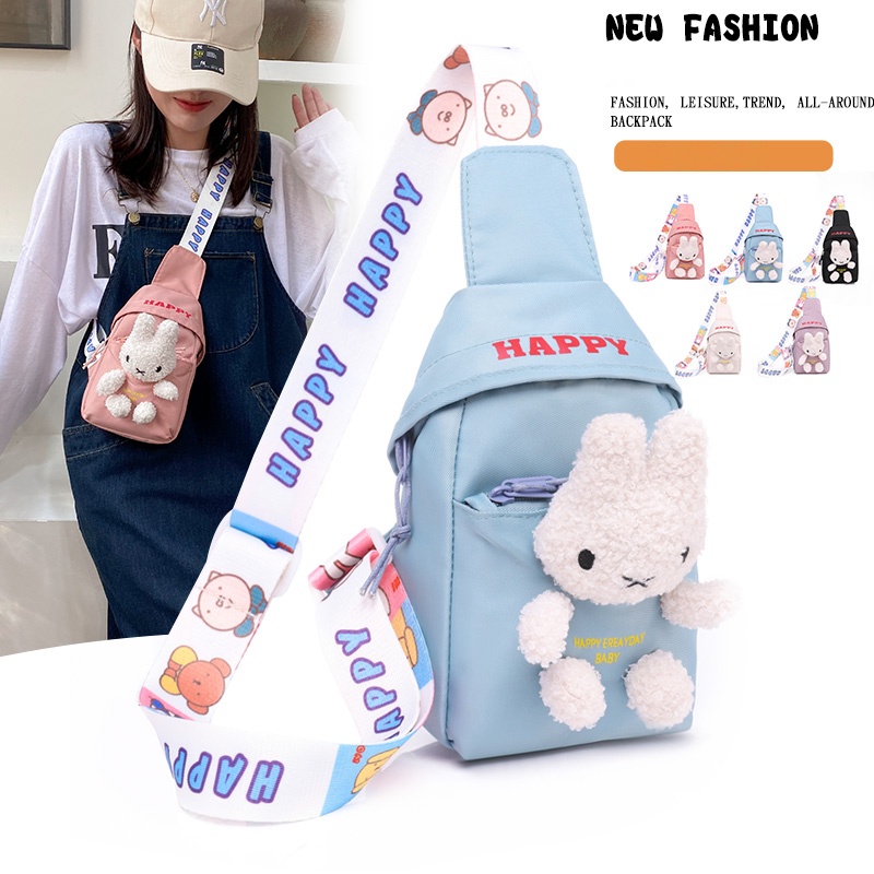 Túi Đeo Chéo Trước Ngực Vải Canvas Hình Chú Thỏ Dễ Thương Xinh Xắn Cho Bé Gái