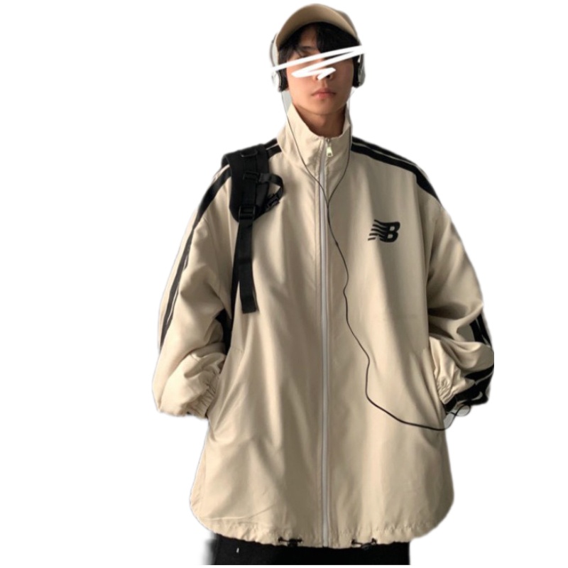 Áo Khoác, Áo Jacket Gió 2 Lớp 2 Màu Be và Đen In Chữ Trước Ngực From Rộng Phong Cách Hàn Quốc 2021