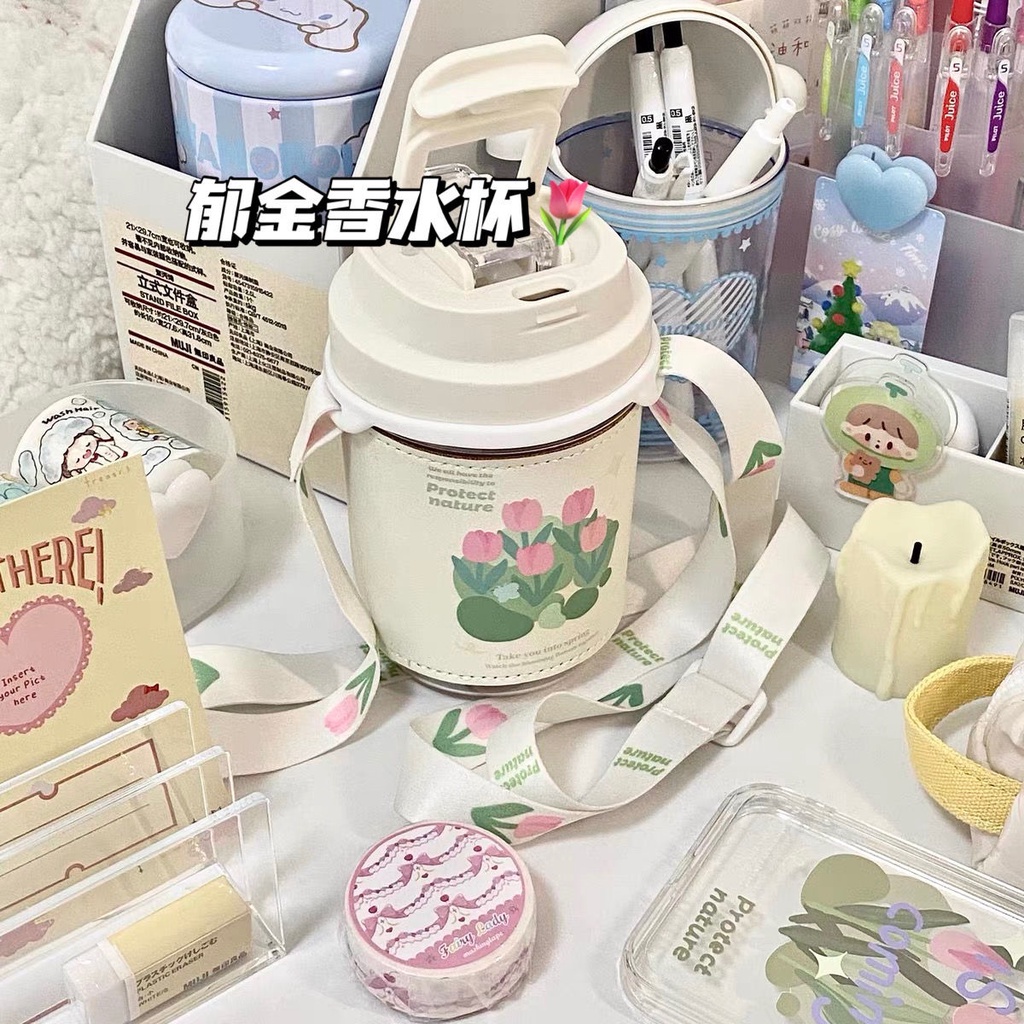 Giá Đỡ Bình Nước Di Động Họa Tiết Hoa Tulip Kèm Ống Hút Tiện Dụng