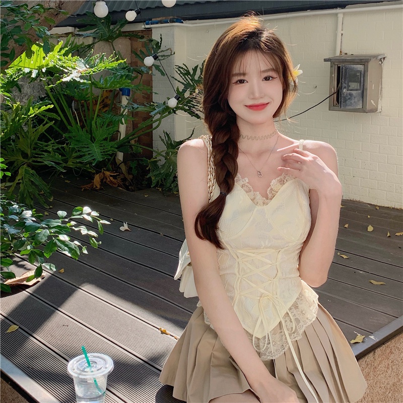 Áo Hai Dây Ngắn Phối Ren Quyến Rũ Thời Trang Mùa Hè Cho Nữ