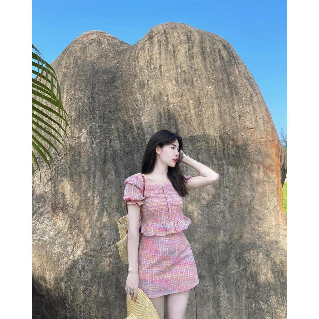 Set áo váy nữ tay bồng Quảng Châu thiết kế áo cổ vuông và chân váy ngắn chữ A siêu xinh