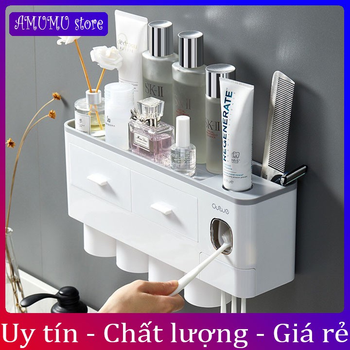 [Hàng cao cấp]KỆ ĐỂ ĐỒ-NHẢ KEM ĐÁNH RĂNG KÈM  2 CỐC, 3 CỐC, 4 CỐC LỰC HÚT NAM CHÂM NHẢ KEM TỰ ĐỘNG BẢO HÀNH 1 ĐỔI 1