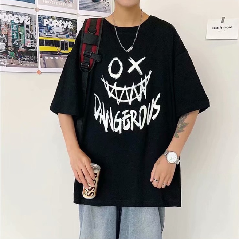 Áo thun tay ngắn cổ tròn dáng rộng in hình và chữ thời trang Hàn Quốc cỡ M-5XL cho nam