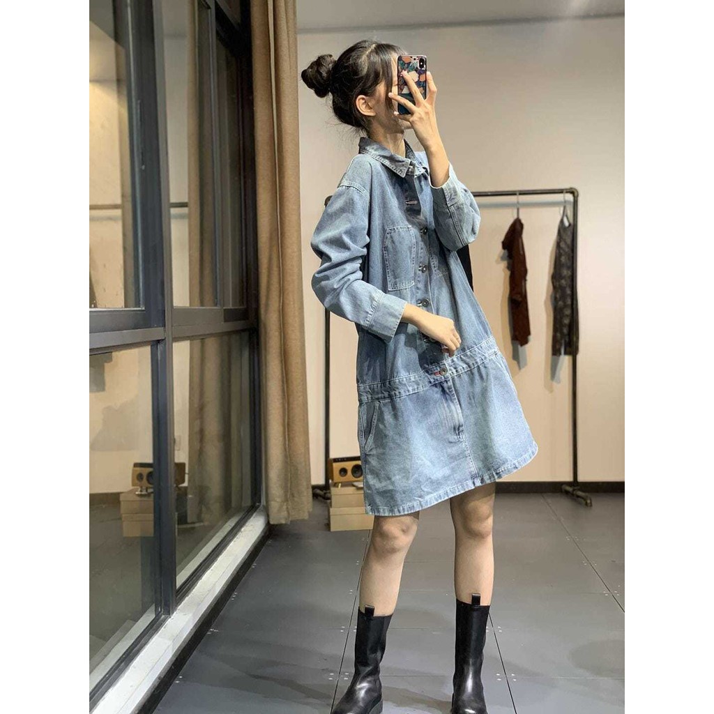 Đầm Denim Tay Dài Dáng Chữ A Rộng Thời Trang Mùa Xuân Dành Cho Nữ 2021