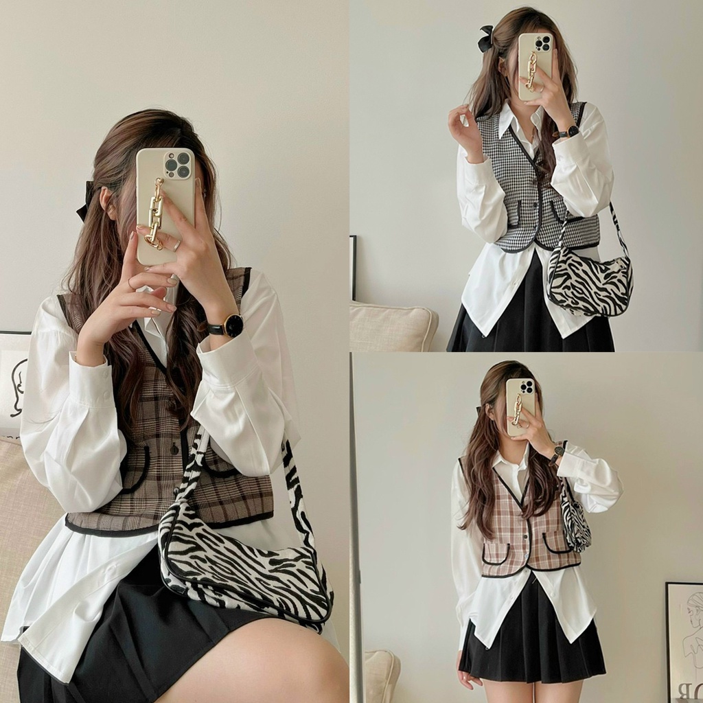 Áo sơ mi Hàn Quốc, Áo sơ mi trắng dáng rộng và yếm gile dạ kẻ caro style Ulzzang