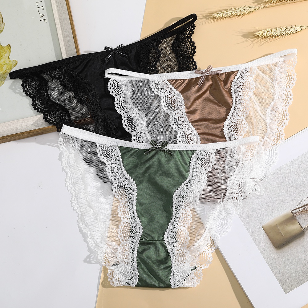 Quần Lót Aijolen Bằng Lụa Satin Phối Ren Mỏng Nhẹ Thoáng Khí Phong Cách Gợi Cảm Cho Nữ