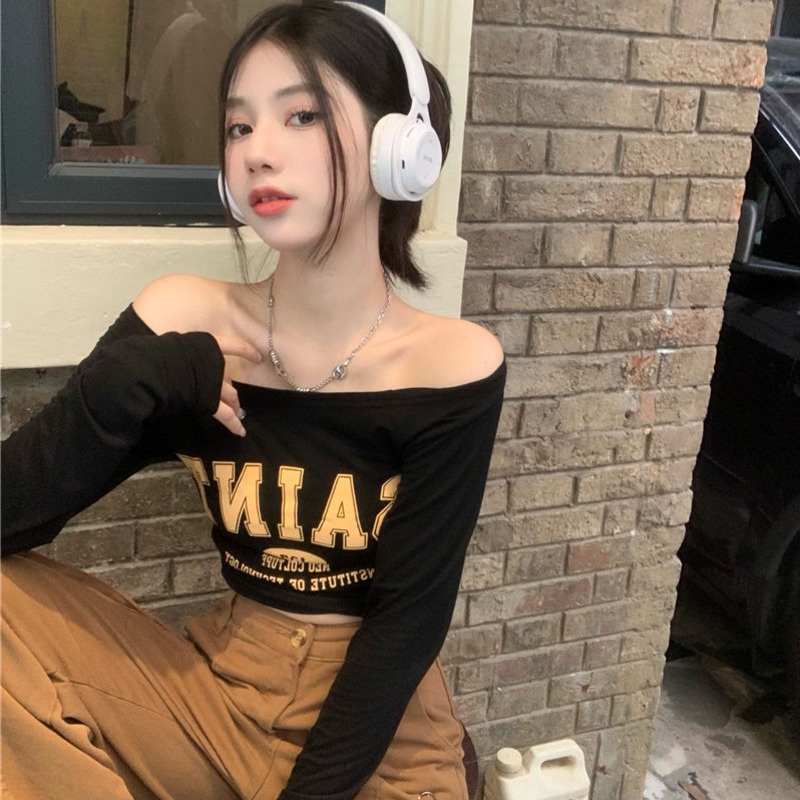 Áo Thun Tay Dài Lệch Vai Màu Trắng Phong Cách Cổ Điển Thời Trang Mùa Hè Xinh Xắn Cho Nữ