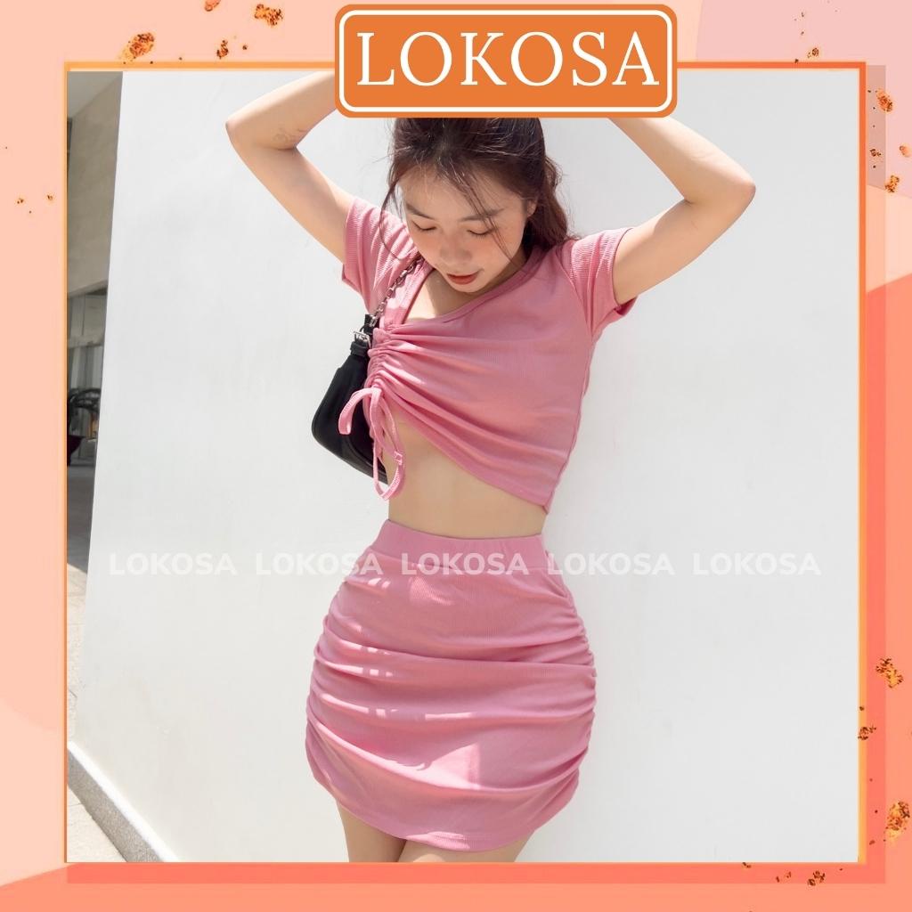 Set Croptop LOKOSA Bộ 2 Món Áo Croptop Nữ Tay Ngắn Rút Dây Chân Váy Chữ A Nhún Ôm Ngắn Body VD084 | WebRaoVat - webraovat.net.vn