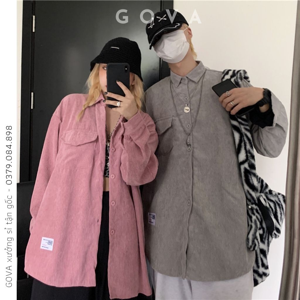 Áo Khoác Sơ Mi Nhung Tăm GẮN LOGO Nam Nữ Kiểu Basic Dài Tay, Áo Oversize Nhiều Màu GOVA