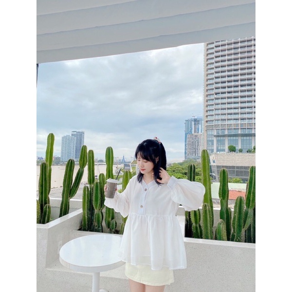 Áo sơ mi nữ cổ chữ V dài tay bồng cúc gỗ, Áo babydoll voan tay phồng đẹp  (TTA110)