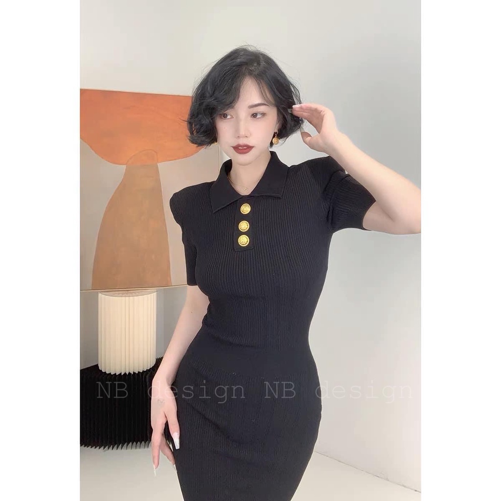 Váy Len Thun Polo Ngắn Tay Cúc Đồng Ngực Khóa Lưng Ôm Body Dáng Ngắn Quyến Rũ