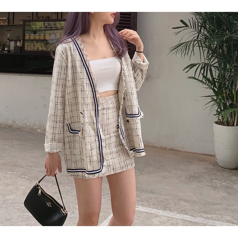 Set áo khoác và chân váy vải tweed size m