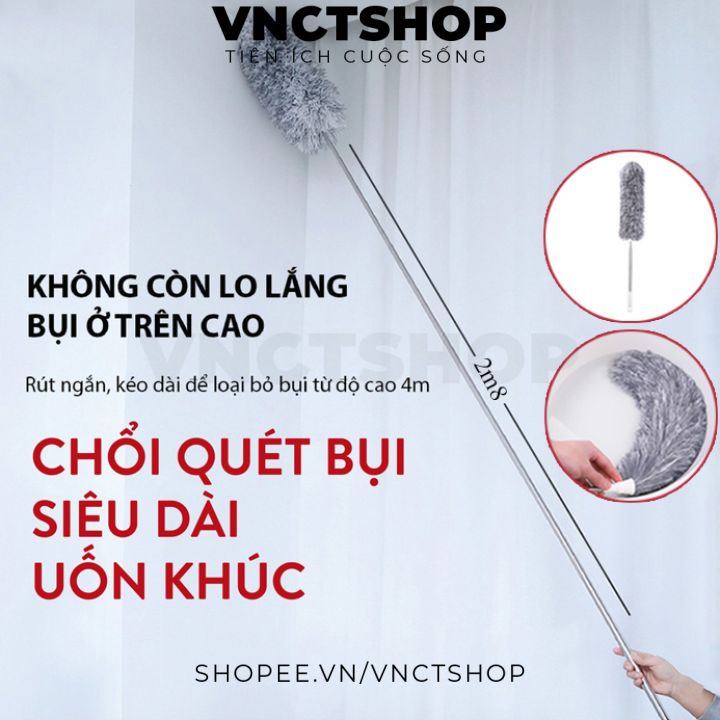 Chổi lông quét bụi mạng nhện trần nhà, cây lau lụi đa năng cán dài inox rút gọn gập được 90 độ thông minh