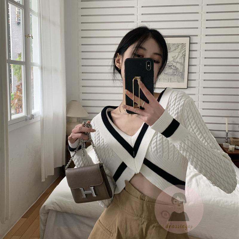 Áo Sweater Trễ Vai Tay Dài Họa Tiết Kẻ Sọc Phong Cách Pháp Thời Trang Mùa Thu Cho Nữ