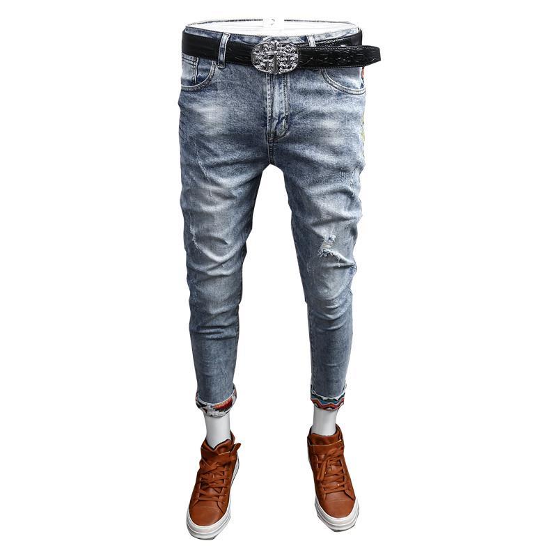 Quần Jeans Rách Dáng Ôm Co Giãn Thêu Họa Tiết Phong Cách Hàn Quốc Mới Cho Nam