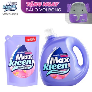 Combo nước Giặt Xả MaxKleen Hương Hoa Nắng chai 2,4kg + túi 2.4kg tặng balo voi bông