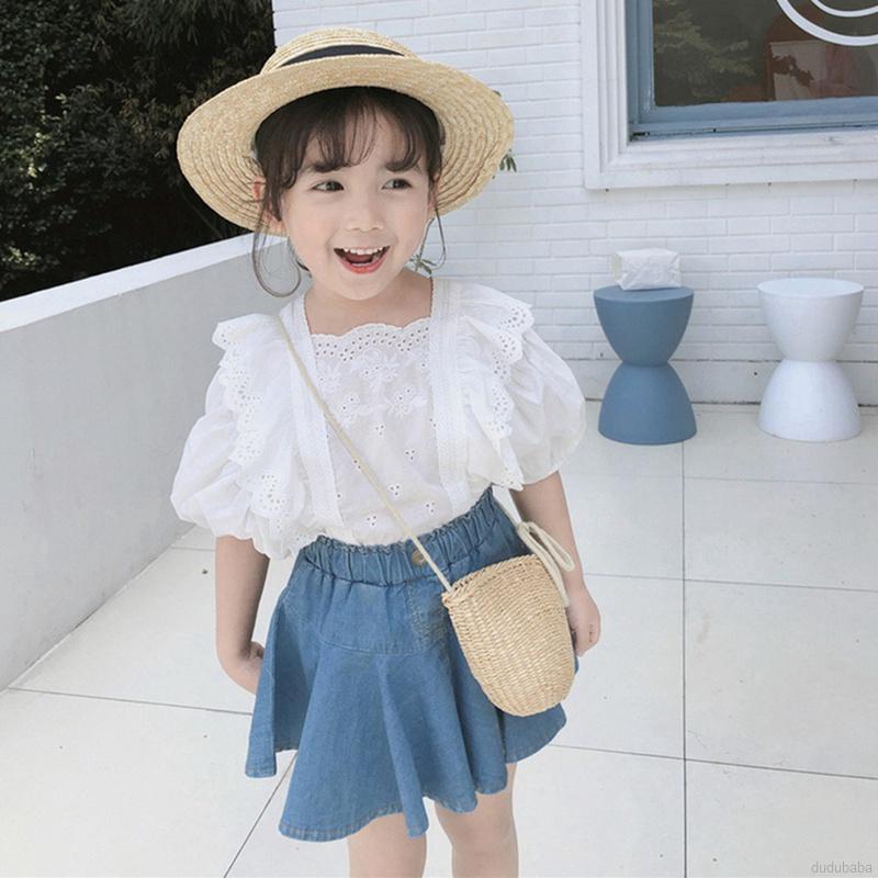Set chân váy denim và áo thun phối ren dành cho bé gái