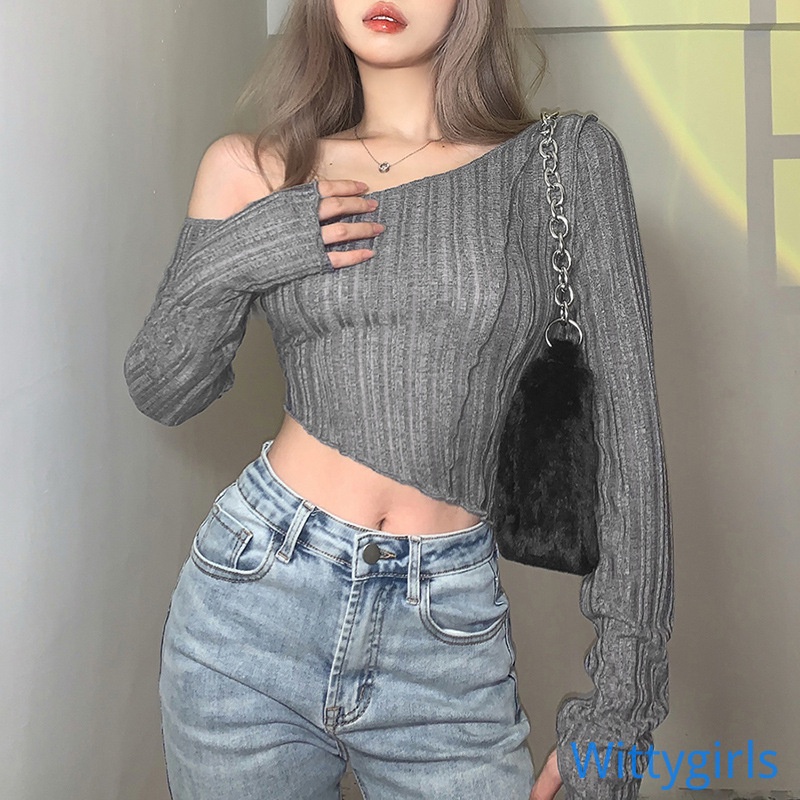 Wittygirls_shop | Áo Croptop Tay Dài Màu Trơn Thiết Kế Độc Đáo Quyến Rũ