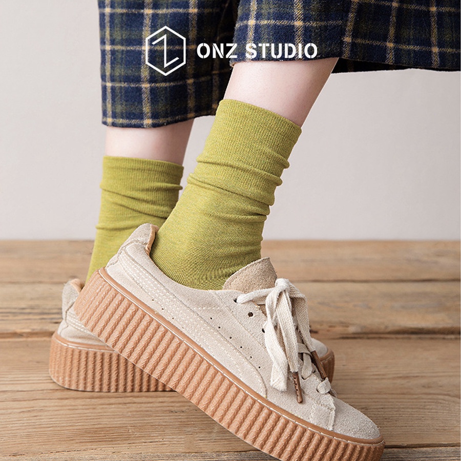 Vớ cotton ONZ Studio - Tất chân nam nữ cổ cao trơn màu mềm mịn co giãn, tất nhún