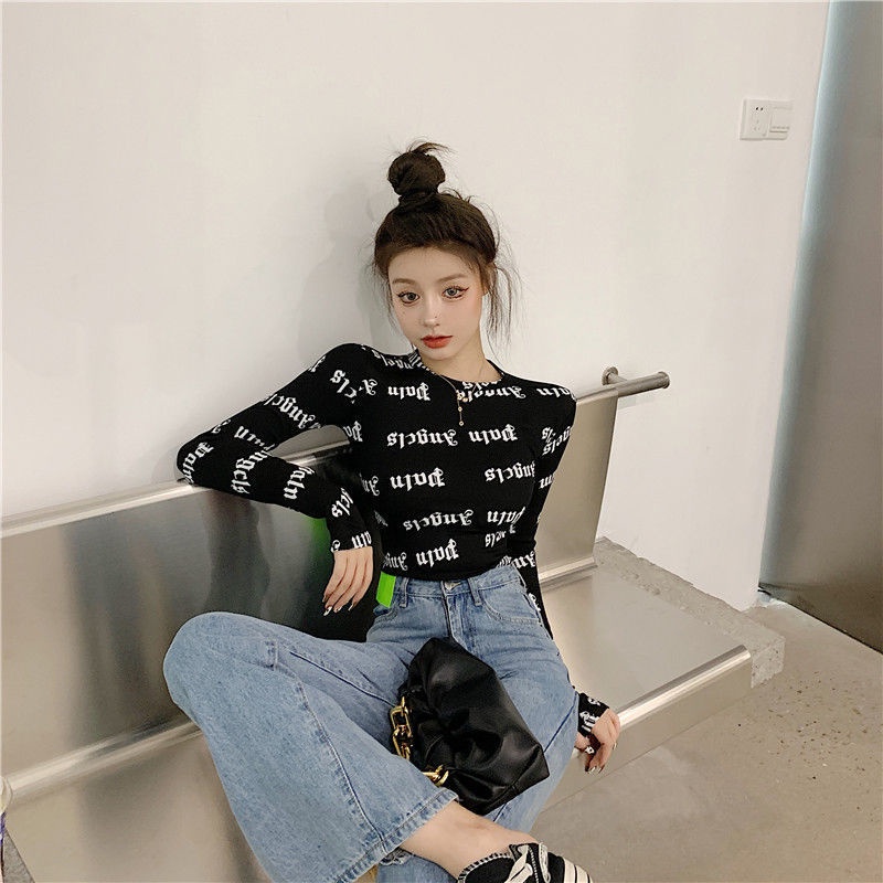 IELGY Áo Thun Lửng Tay Dài Dáng Ôm In Chữ Thời Trang Cho Nữ