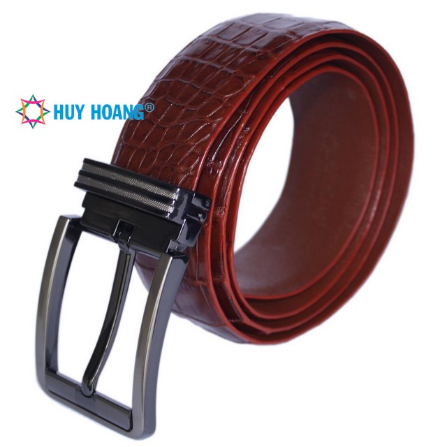 Dây nịt nam da cá sấu Huy Hoàng nguyên con bụng 4P đầu kim màu nâu đỏ - HF4759
