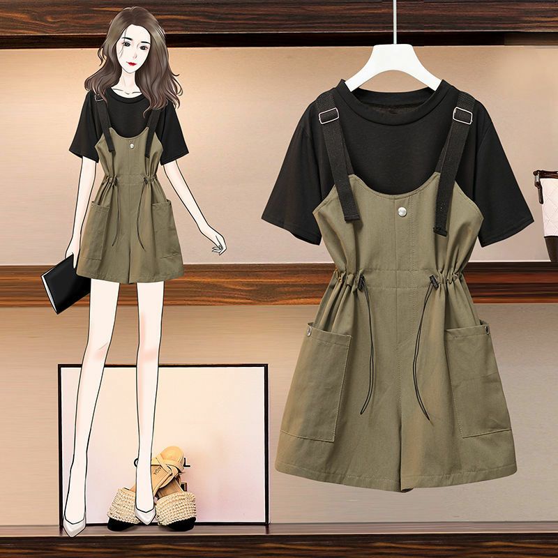 Set áo thun đơn giản mix yếm kaki trơn thun eo