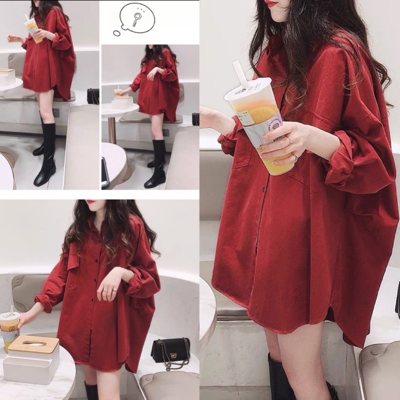 Áo sơ mi nữ from rộng Unisex màu đỏ tay bồng túi hộp dáng dài phong cách ulzzang hàn quốc