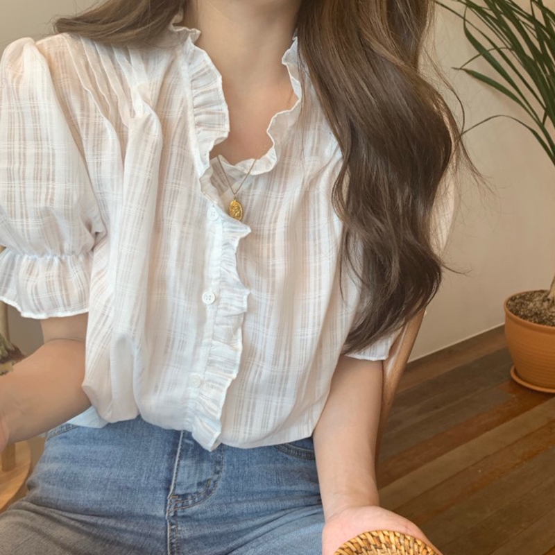 SUXI Áo Kiểu Tay Ngắn Phồng Cổ Chữ V Dáng Rộng Phong Cách Hàn Quốc