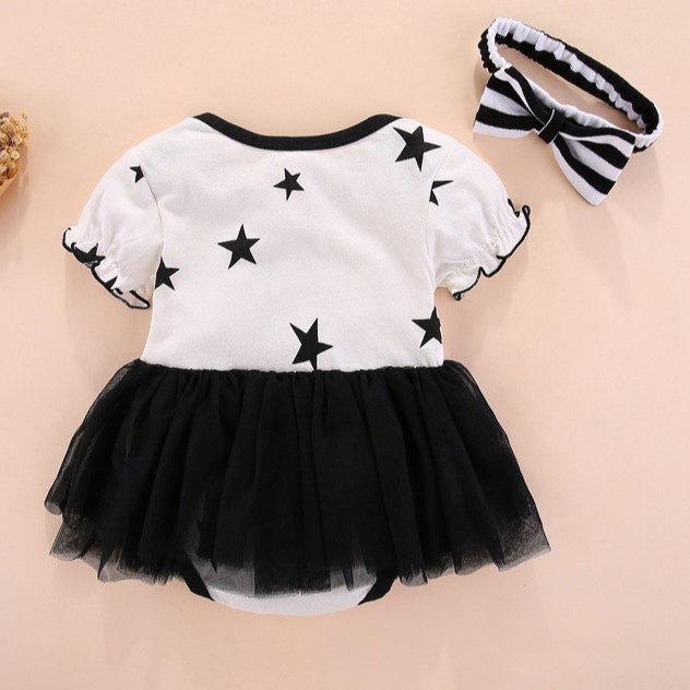 Váy body sơ sinh dài tay bé gái họa tiết sao kèm tuban size 0-12 tháng SS10