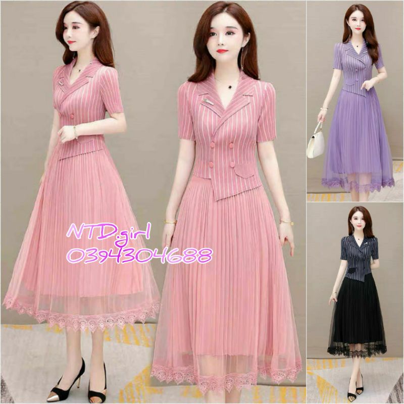Hàng nhập - Đầm dáng xòe lụa dập li cổ vest, váy dự tiệc tà lệch cách điệu