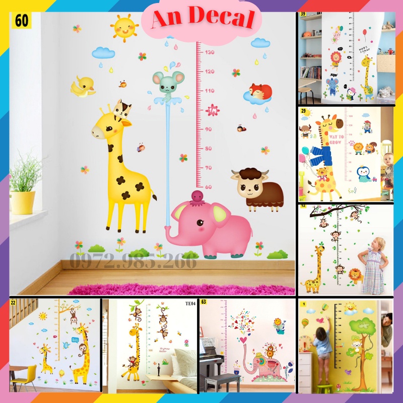 Tranh decal, decal dán tường, dán kính trang trí phòng và theo dõi sức khỏe cho bé chủ đề thước đo chiều cao