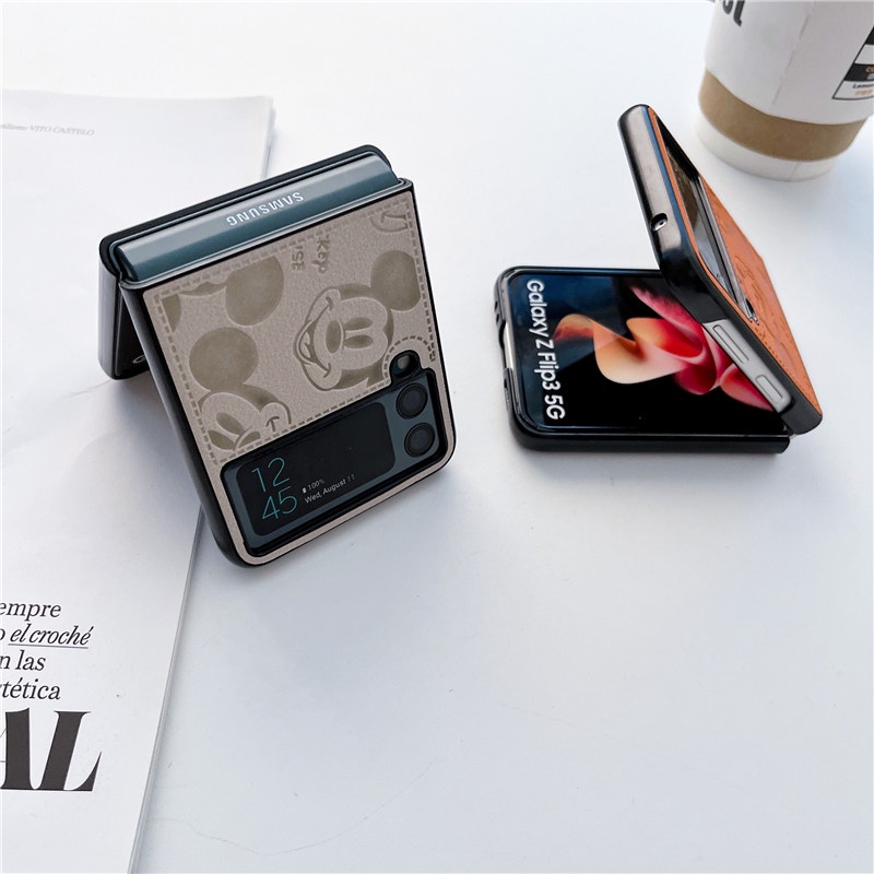 Ốp Điện Thoại Da PU Họa Tiết Hoạt Hình Minnie Mickey Chống Sốc Cho Samsung Galaxy Z Flip 1 2 3 4 5G Z Flip3 Flip4