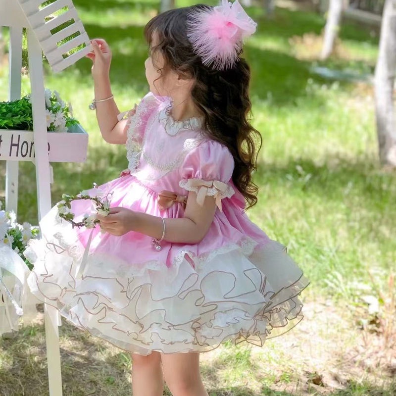 Spring and summer girls' high-grade Lolita Lolita Princess Dress middle and small children's exquisite banquet dress cotton