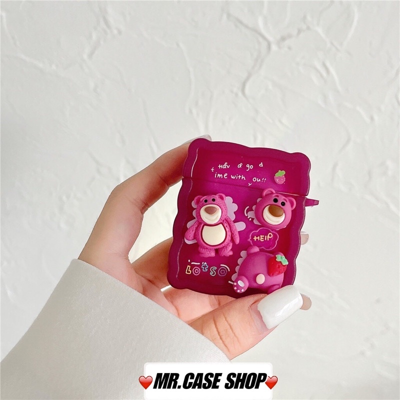 [ CÓ AP 3 ] Case Airpods 1/2 /Pro Vỏ Ốp Tai Nghe Hình Vuông Gấu Hồng Lotso Sticker Nổi - Mr.Case AirPods