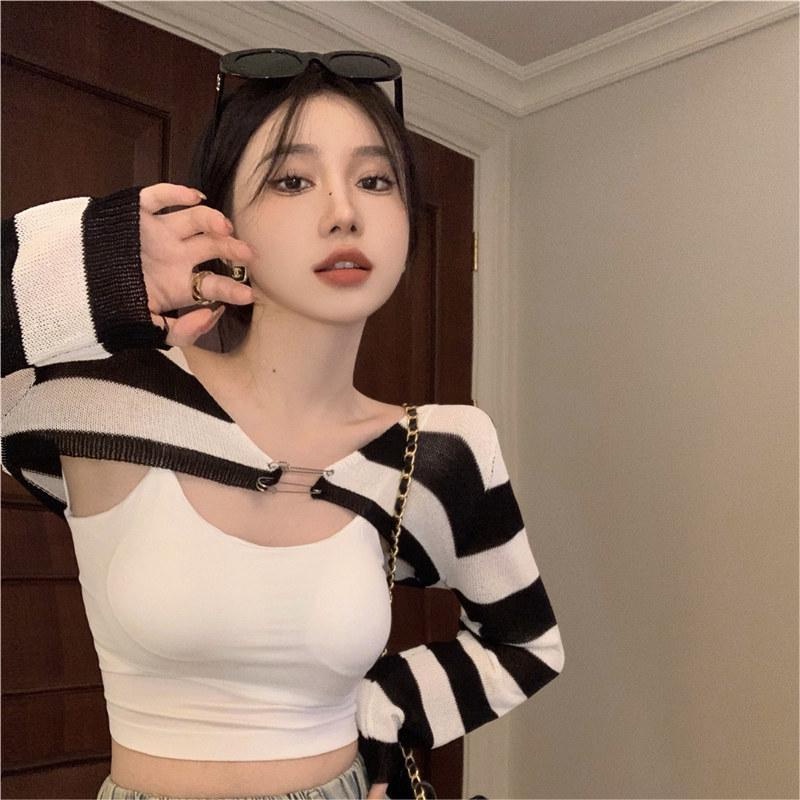 Áo khoác cardigan ZHELIHANGFEI dệt kim tay dài chống nắng họa tiết kẻ sọc thời trang quyến rũ