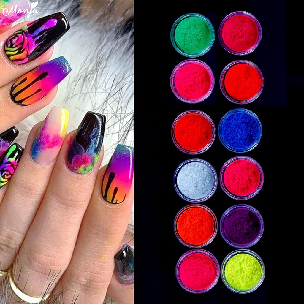 MONJA Set 12 Hộp Bột Neon Dạ Quang Trang Trí Móng Tay Diy