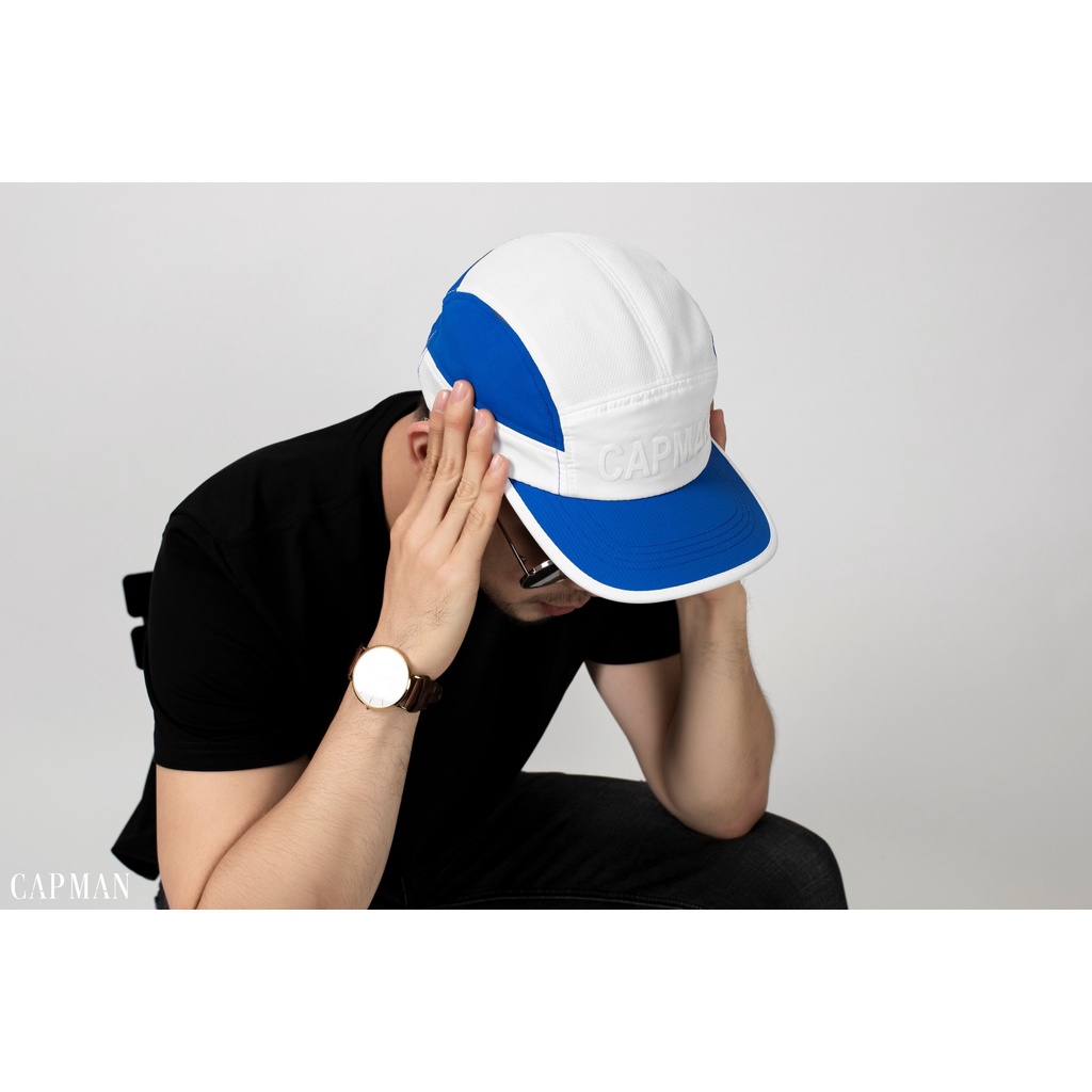 Mũ 5panel chính hãng CAPMAN phong cách hiphop vải dù CM112 màu trắng xanh