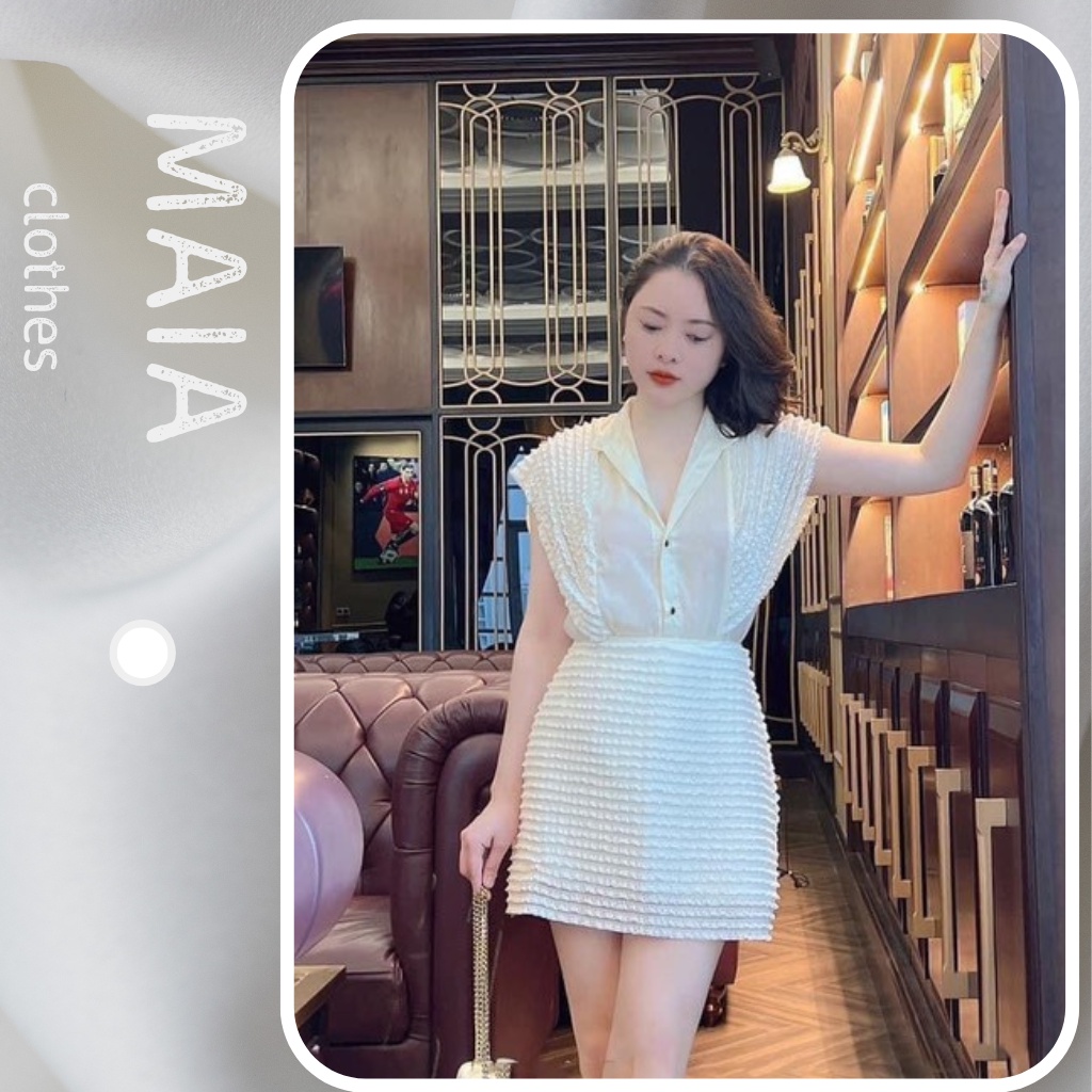 Sét áo cánh dơi kèm chân váy chữ A trắng chất xốp phối voan tơ , tay hến mã 1210 Maia.clothes