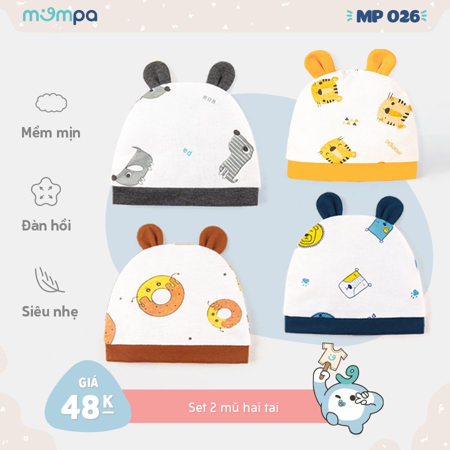 Mũ sơ sinh Set 2 chiếc Mompa vải cotton bảo vệ thóp che đầu che tai bé co giãn thấm hút thông thoáng 026