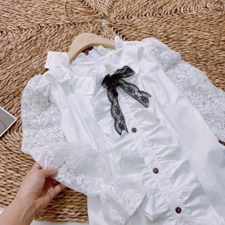ÁO SƠ MI REN TRẮNG CỔ PHỐI NƠ ĐEN