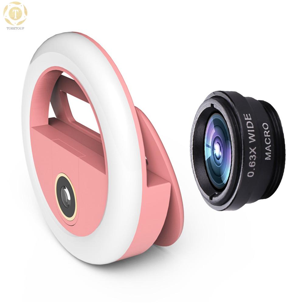 Shipped within 12 hours】 3-in-1 Mini Clip-on Smartphone Fill-in Light & Mobile Phone Camera Lens Kit 3 Levels Brightness LED Light 0.63X Wide Angle 5X Macro Lens Compatible with iPhone 11/X/8/7 for Selfie Beauty Fill Light [TO]