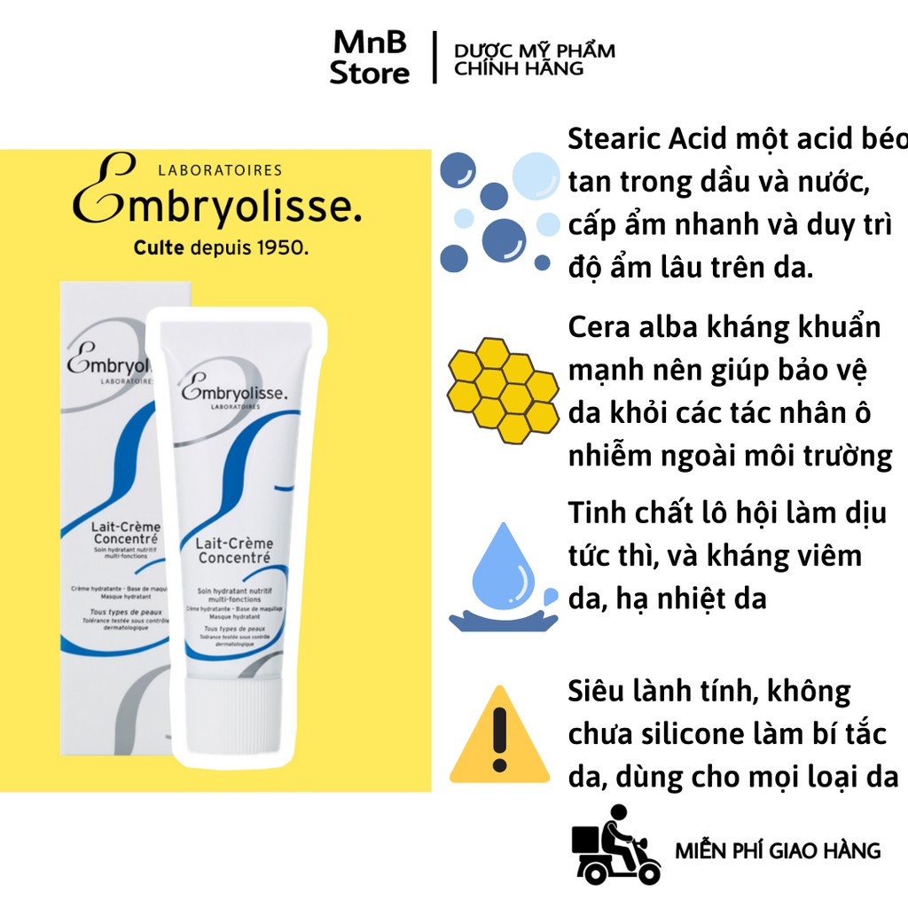 Kem dưỡng ẩm chuyên sâu Embryolisse Lait – Crème Concentré 75ml làm dịu và phục hồi da - MnB Store
