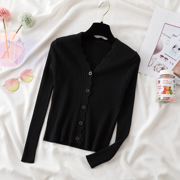 Áo cardigan Dệt Kim Tay Ngắn Cổ Chữ V Màu Trơn Cài Nút Đơn Giản Phong Cách Thời Trang Mùa Thu Mới Dành Cho Nữ