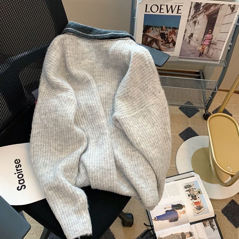 Áo sweater Dệt Kim Cổ polo Màu Tương Phản Phong Cách Phương Tây Thời Trang Thu Đông Cho Nữ