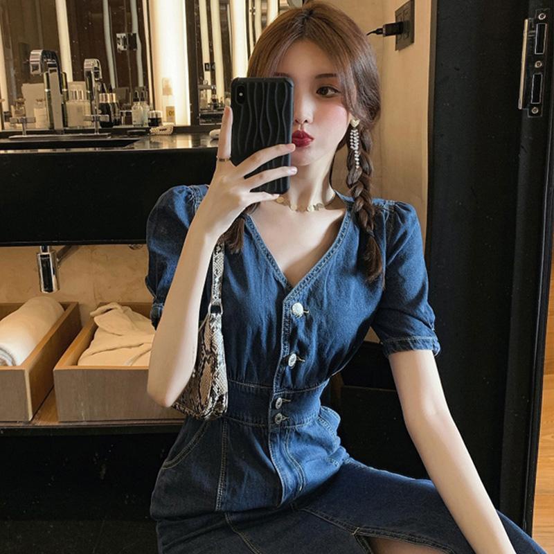 Đầm Denim Dáng Dài Ôm Eo Thời Trang Mùa Hè Dành Cho Nữ