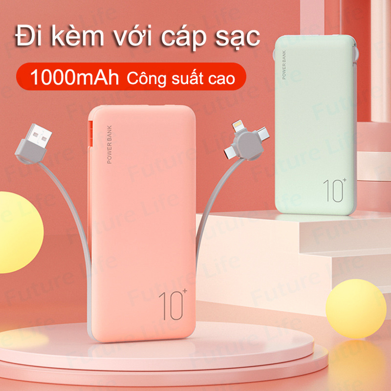 Sạc Dự Phòng 10000mAh Pin Sạc Dự Phòng  Đi Kèm Với Ba Loại Cục Sạc Dự Phòng Micro Usb Type-c Macaron Xạc Dự Phòng