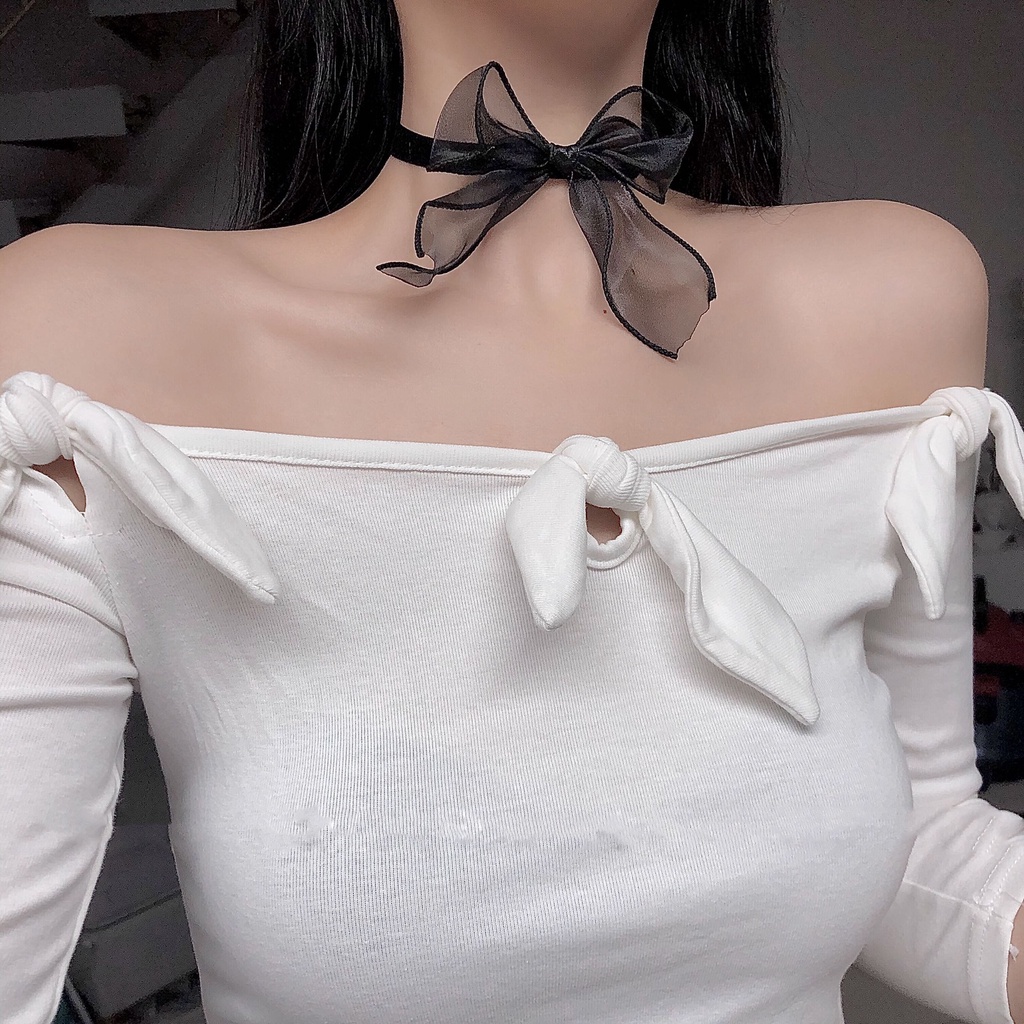 Vòng Cổ Choker Ren Màu Đen Phối Nơ Phong Cách Âu Mỹ Cho Nữ