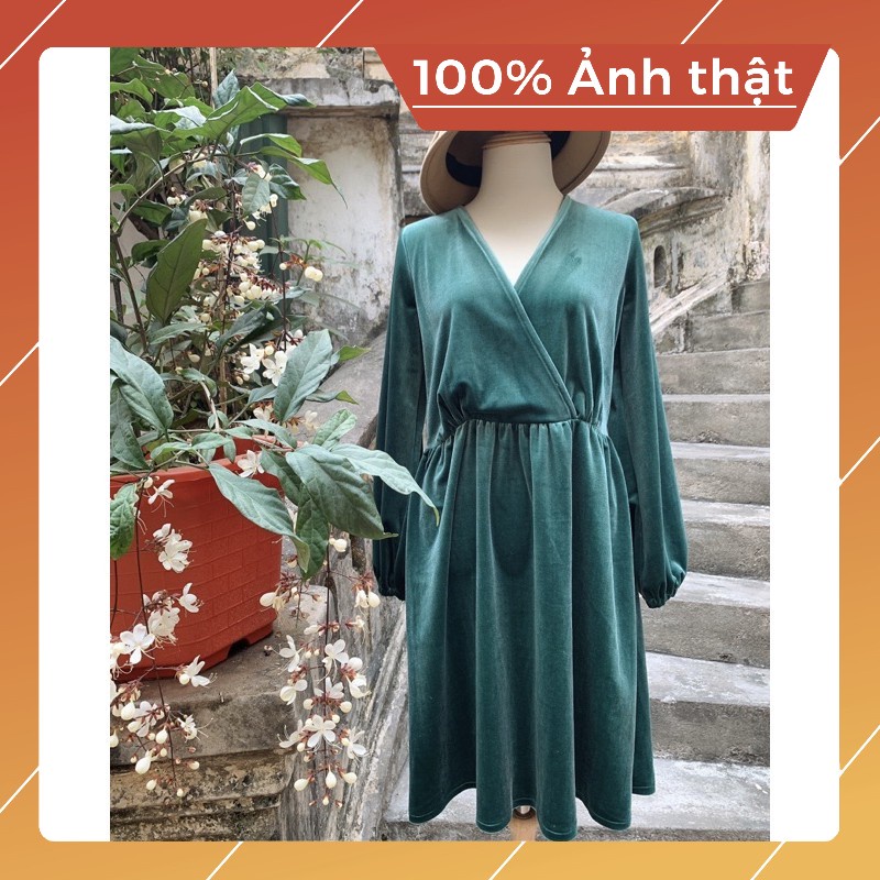 VÁY ĐẦM NHUNG CỔ V DÁNG XOÈ DÀI TỚI GỐI có bigsize 50-70kg màu xanh đỏ
