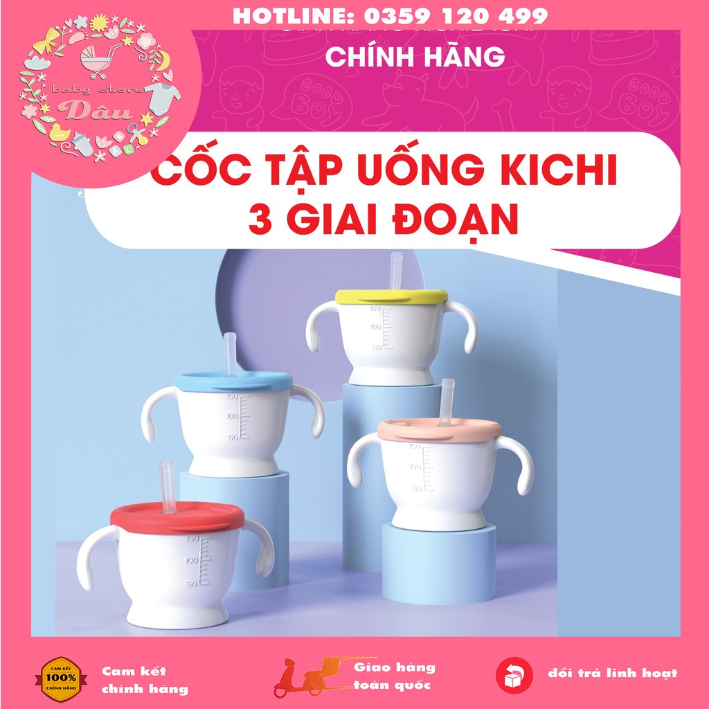 Cốc tập uống cho bé, cốc tập hút 3 giai đoạn Kichi màu xanh, đỏ, vàng, hồng - dung tích 150ml