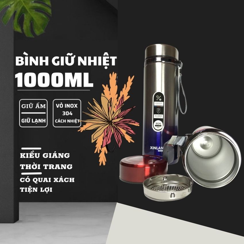 Bình giữ nhiệt inox 304 dung tích 1000ml, bình nước có quai cầm giữ nóng lạnh nhiều giờ 2 lớp cách nhiệt Angola